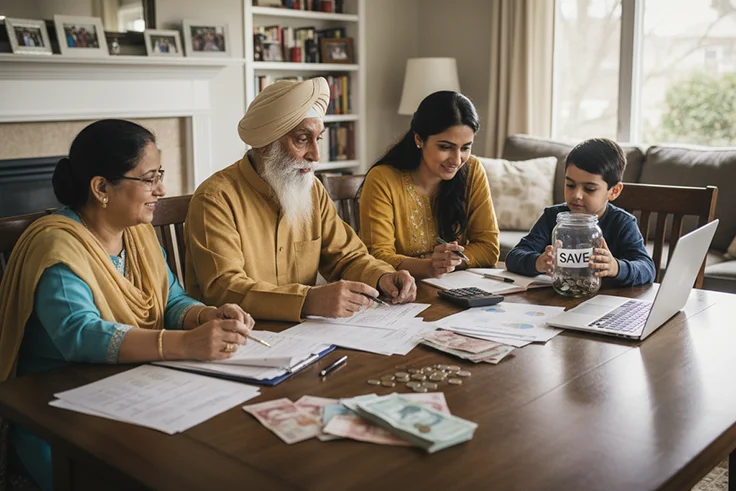 Multi-generational family saving money at table