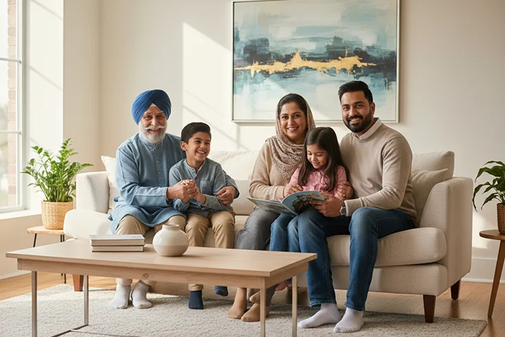 Multi-generational Sikh family on sofa