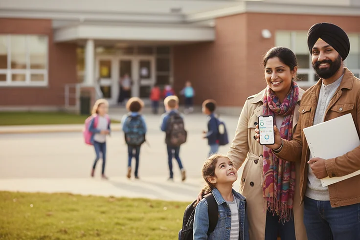 Sikh family outside school, showing phone