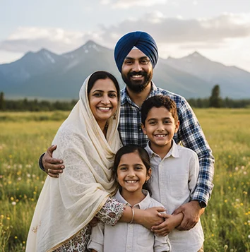 Sikh family smiling in mountain field